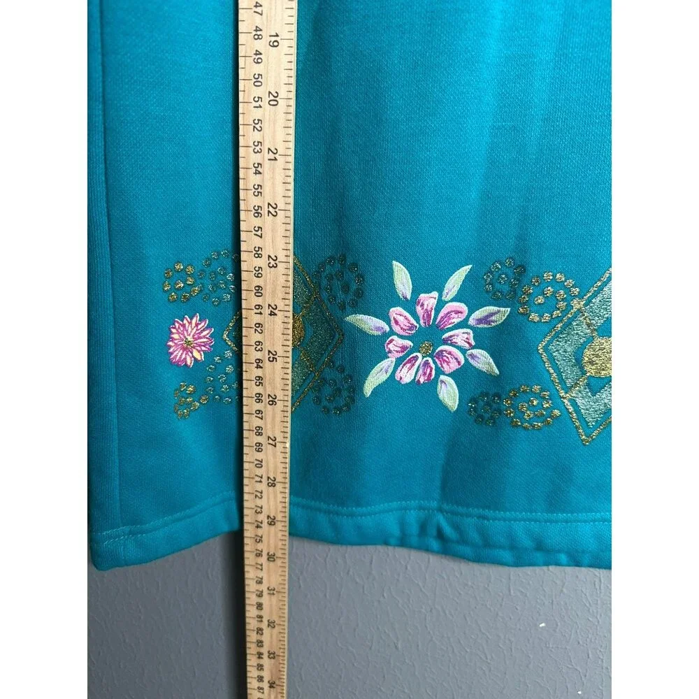 VTG Cristin Steven’s Sport Medium Mock Neck Blue Floral Sweater Glitter Jewels